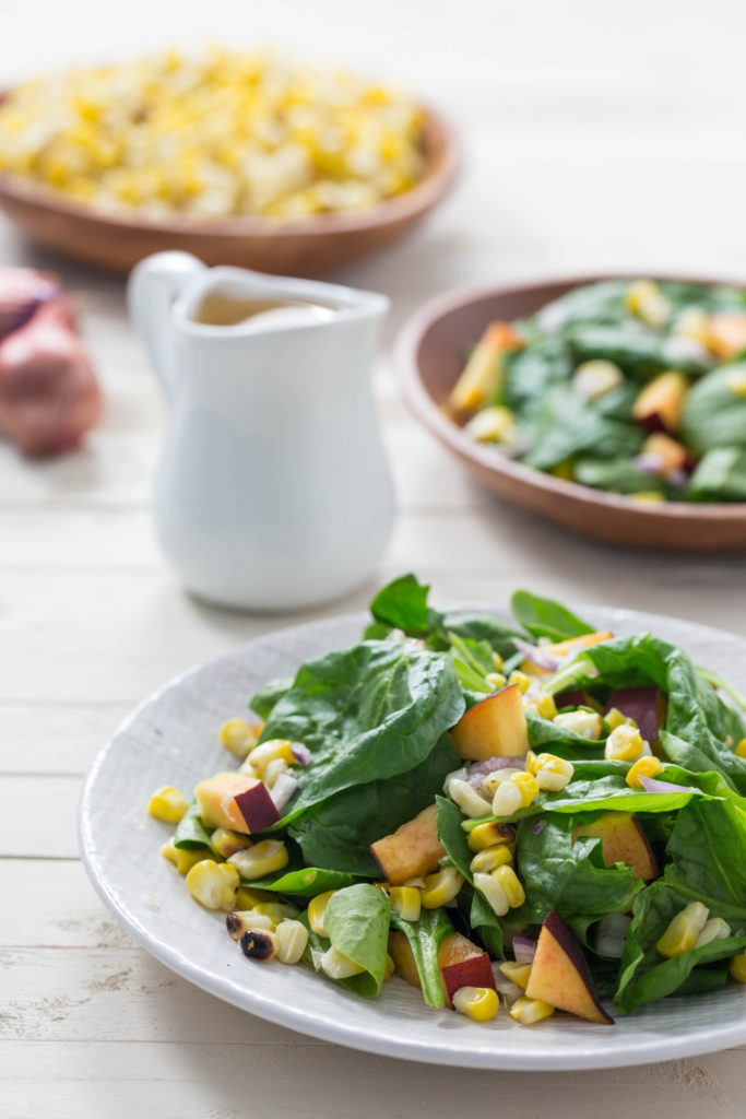 Grilled Corn, Peach and Spinach Salad