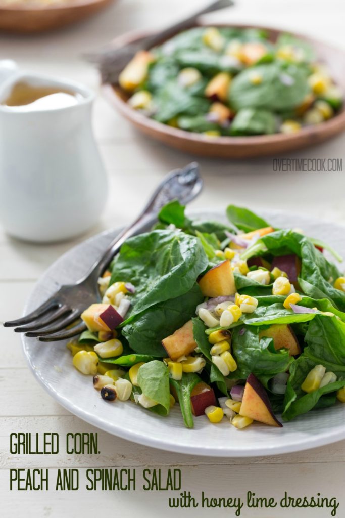 Grilled Corn, Peach and Spinach Salad