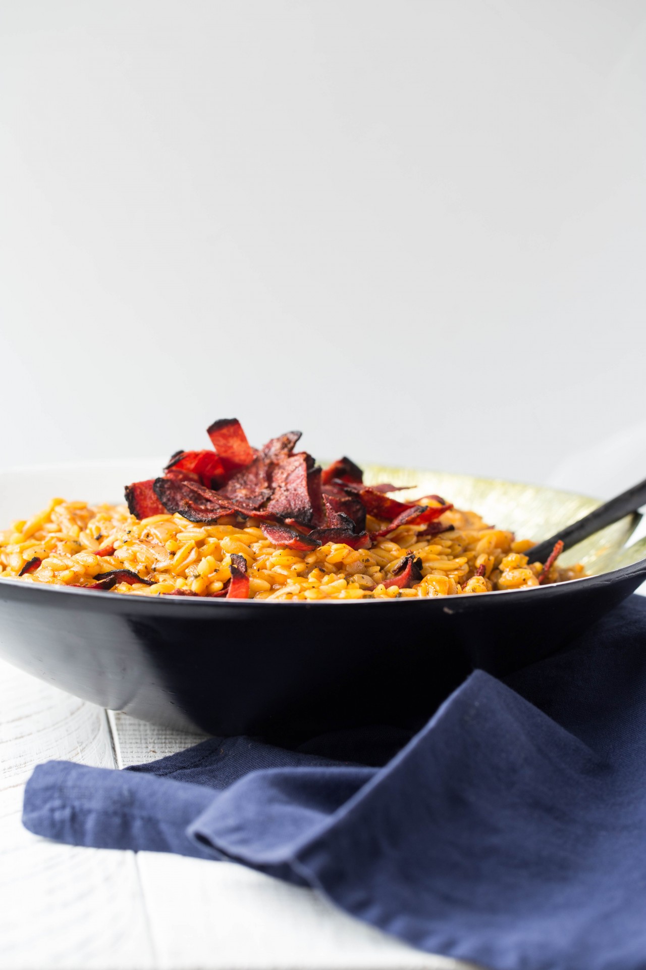 Tomato Basil Orzo with Crispy Pastrami - Overtime Cook