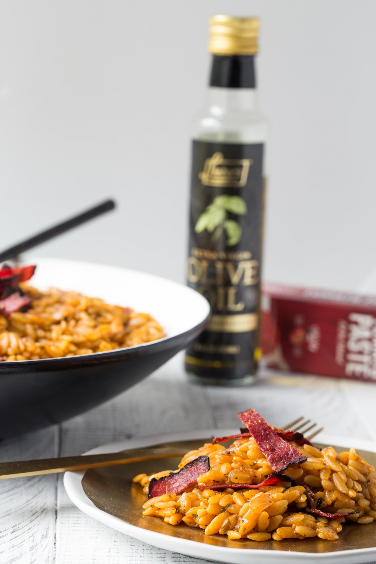 Tomato Basil Orzo with Crispy Pastrami - Overtime Cook